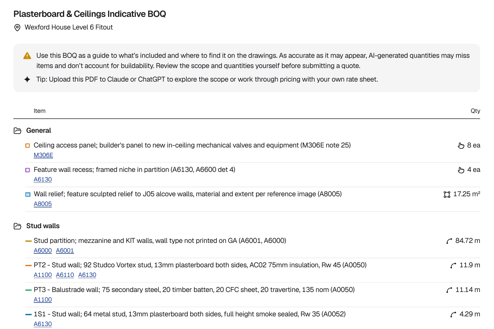 The BOQ schedule: Plasterboard and Ceilings, line by line under its folders, each quantity with the sheets it was measured on