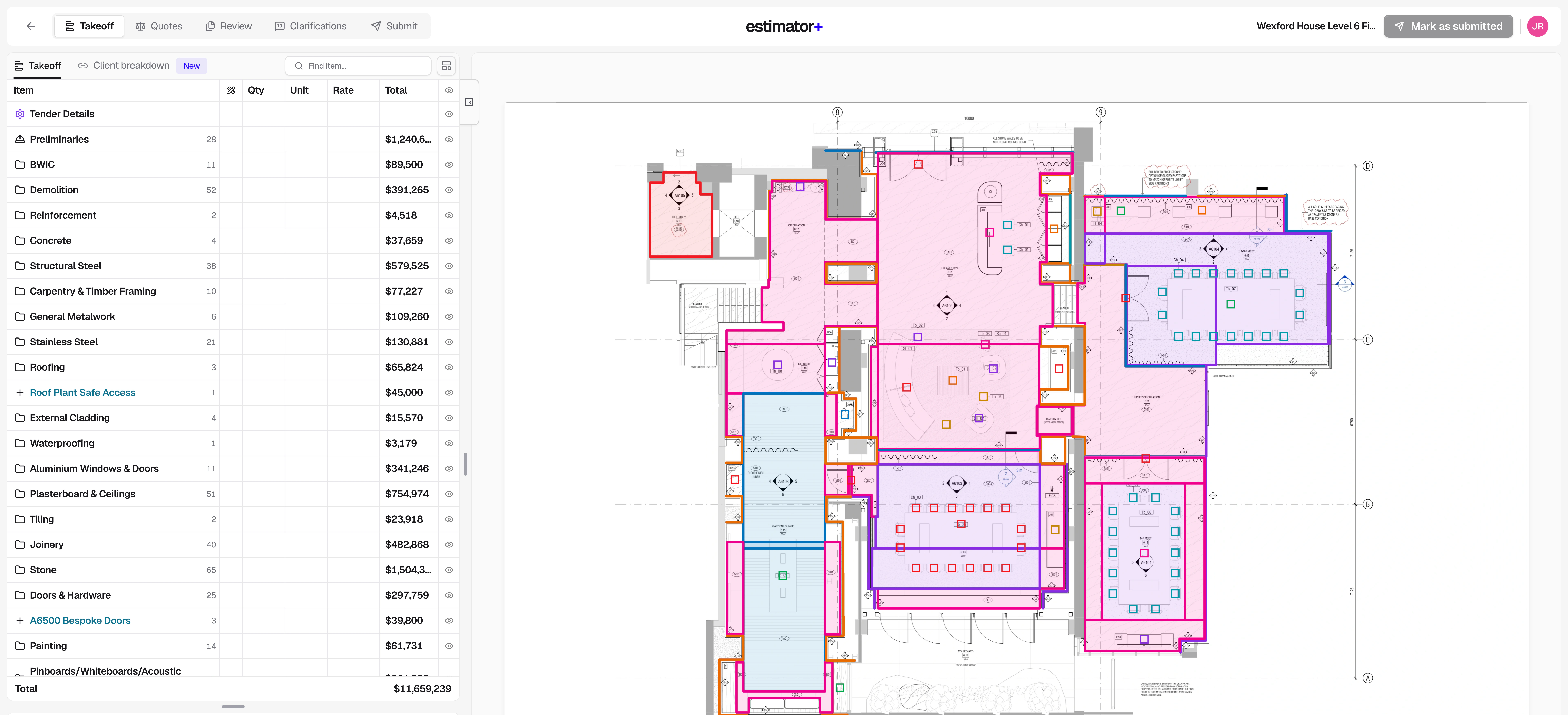 The AI takeoff on the level 6 floor plan of Wexford House Level 6 Fitout, every line in the takeoff panel beside the drawing