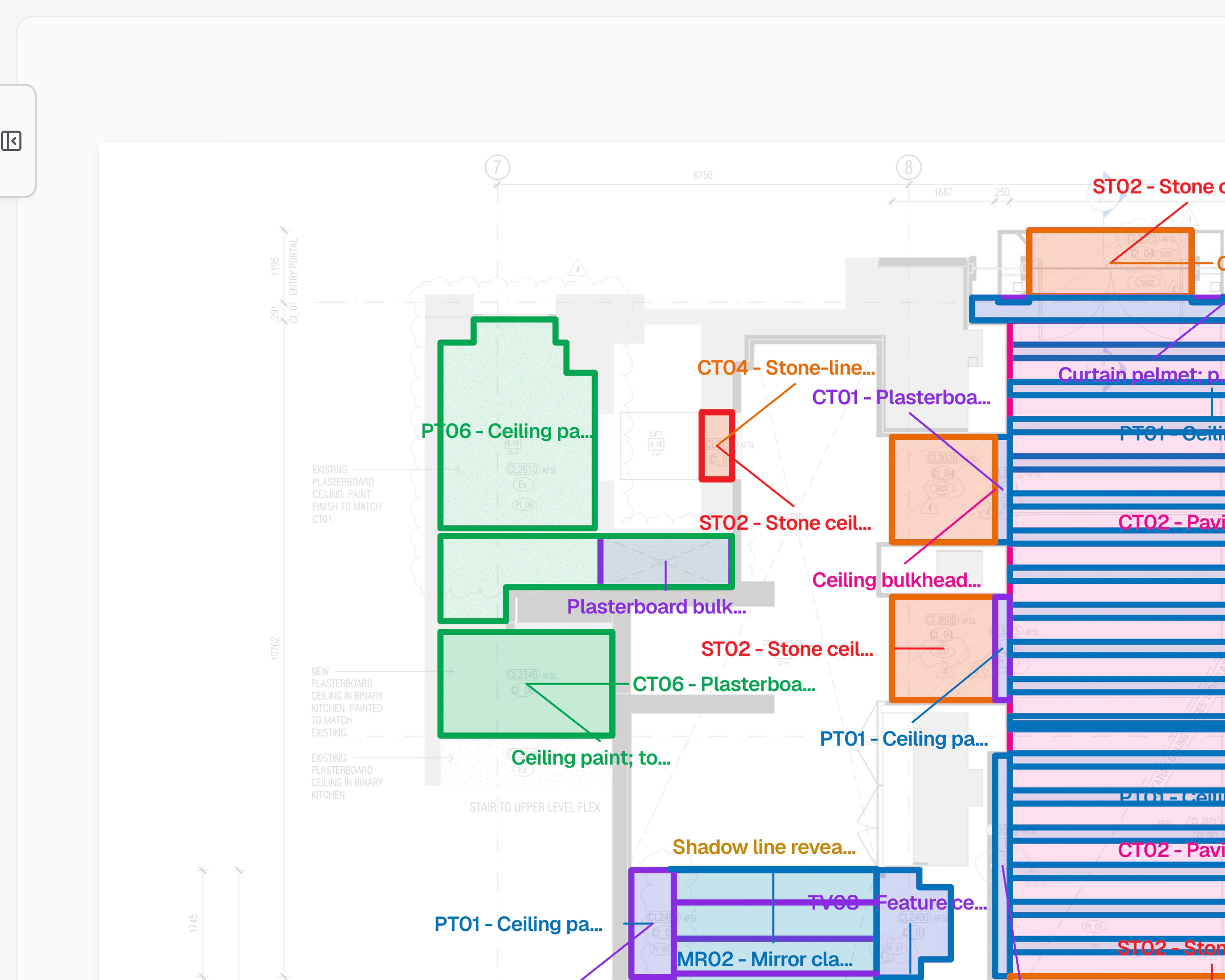 Review mode on the ceiling plan: every measured shape carries its line’s name