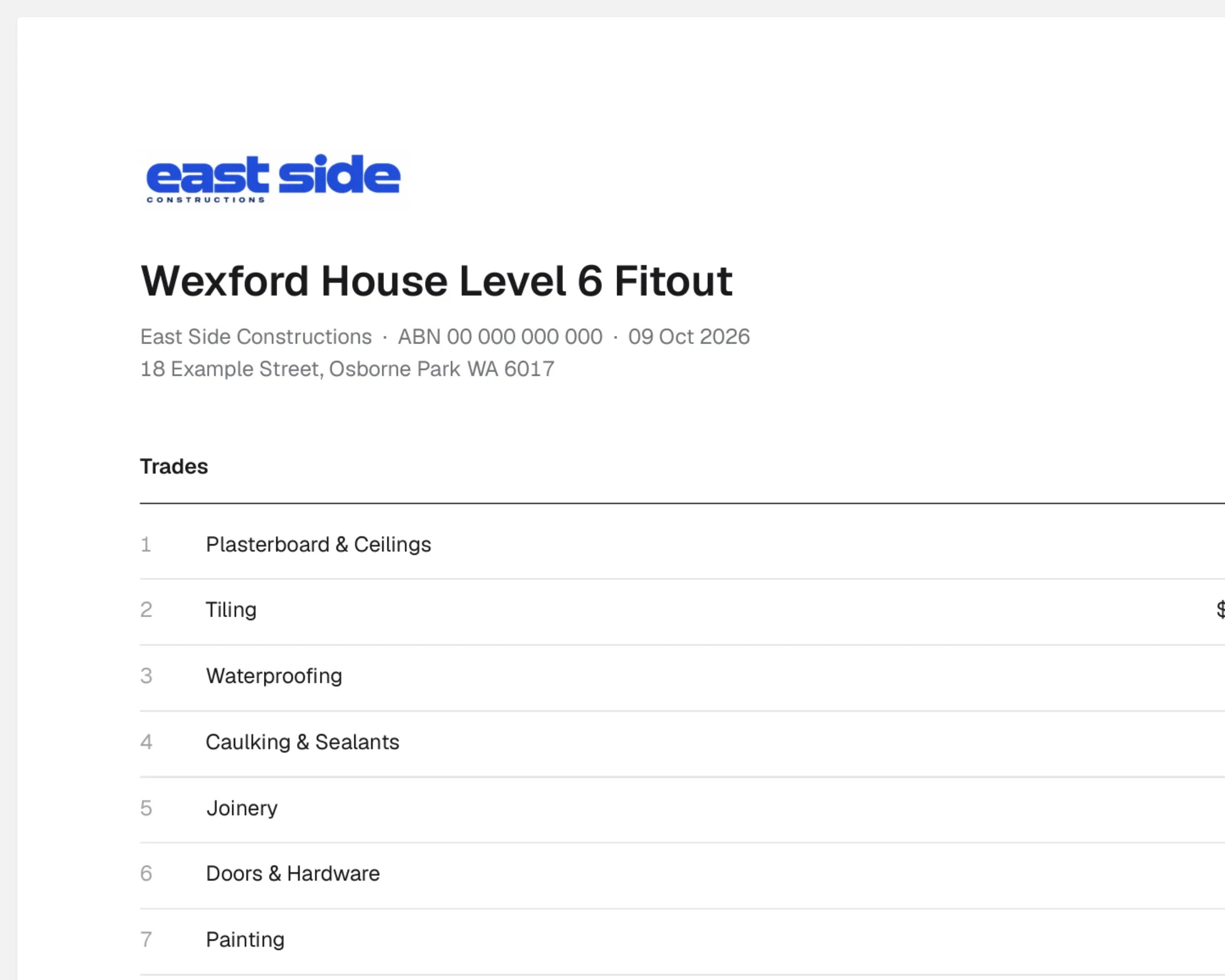 The branded submission for Wexford House Level 6 Fitout on East Side Constructions letterhead