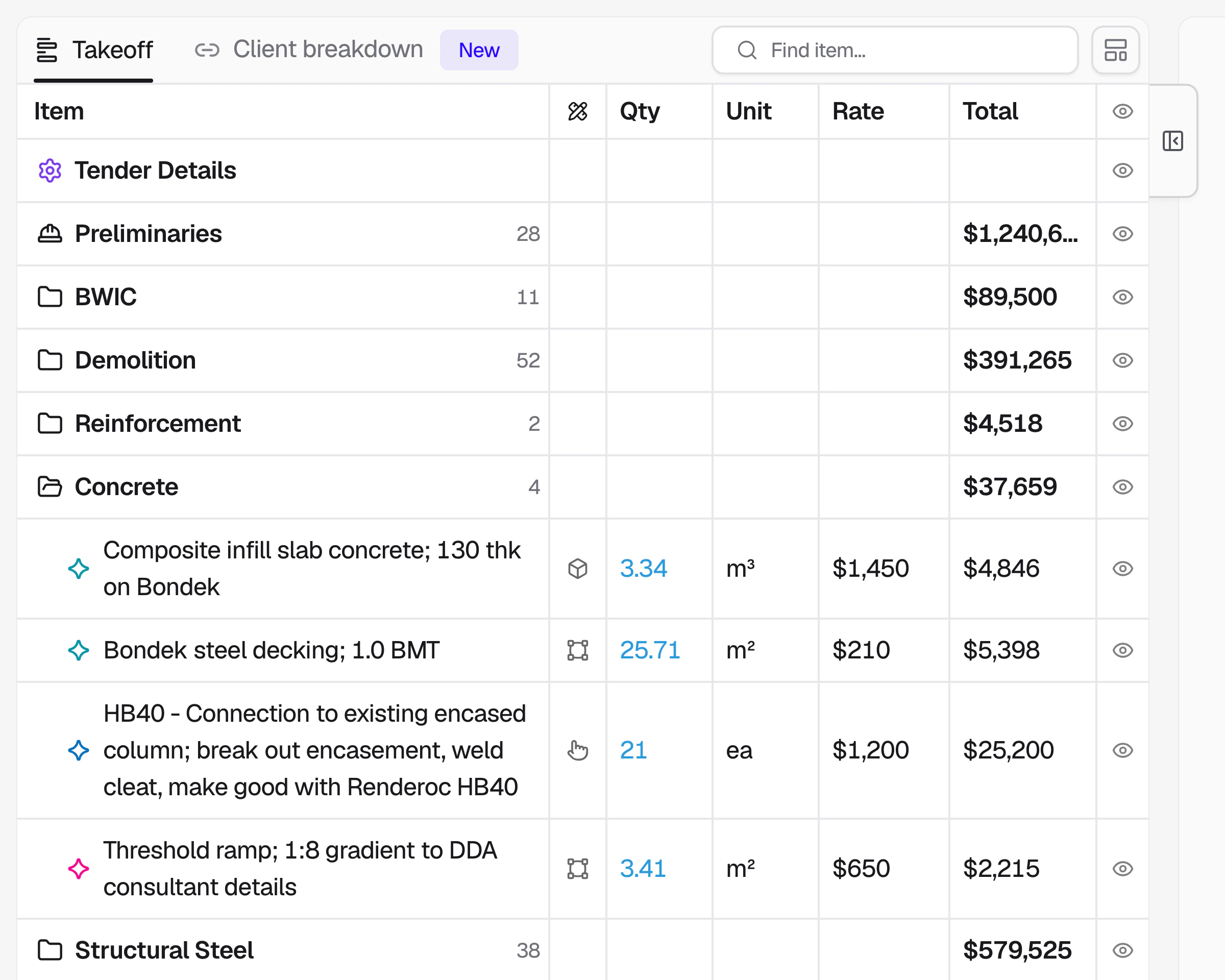 The takeoff panel: every trade filed with its total, Concrete open to its measured lines